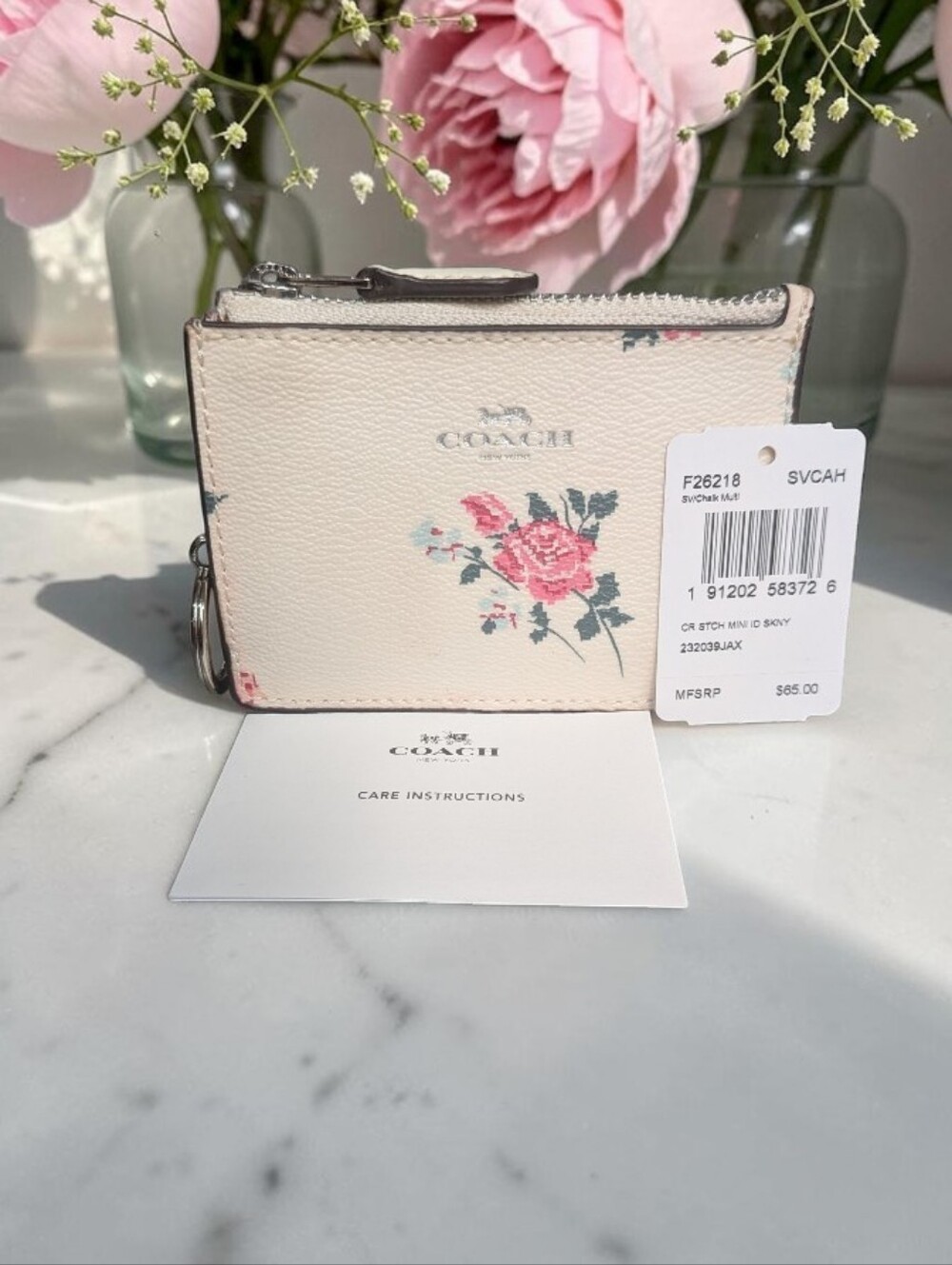 NWT Coach Cream Floral Mini Zip Wallet with Pink Rose Print